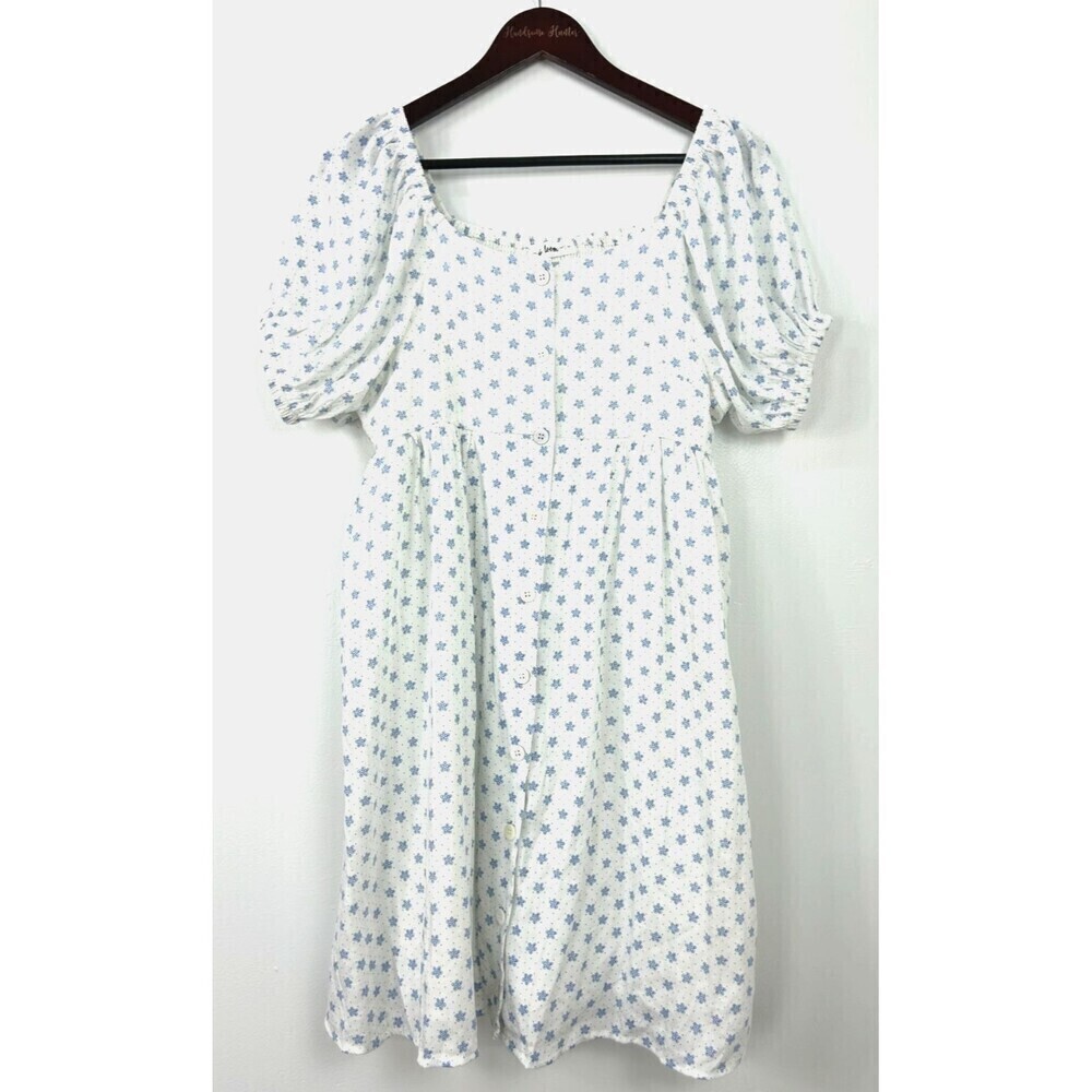 IN LOOM Women Blue Floral Midi Dress Smocked Square Neck Puff Sleeve Button Up M